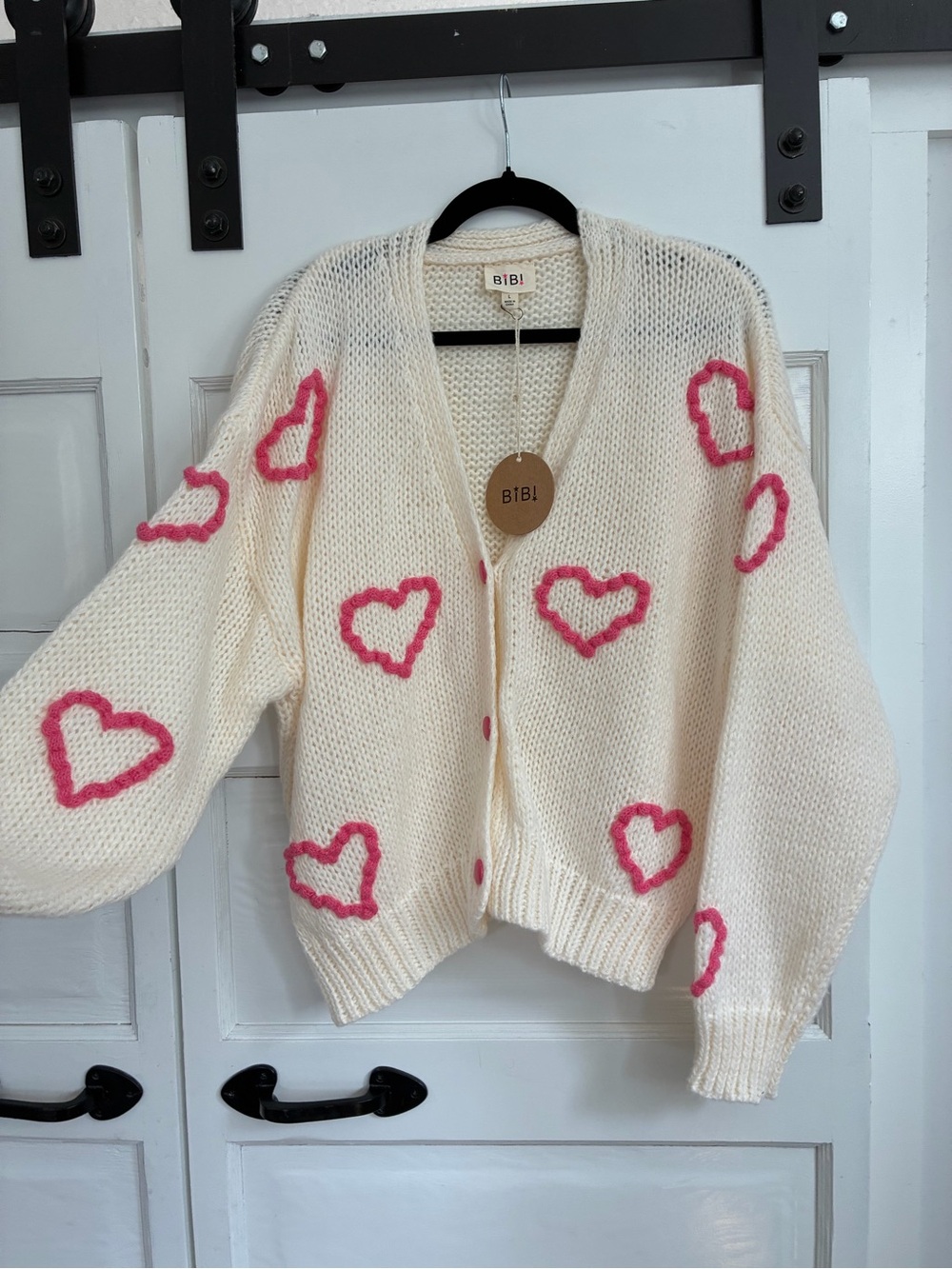 BiBi Cream Knit Cardigan with Pink Heart Motifs